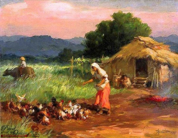 "Woman Feeding Chickens" (1955) by Fernando Amorsolo /Pearl of the Orient: Discover Old Philippines (https://www.facebook.com/DiscoverOldPhilippines)